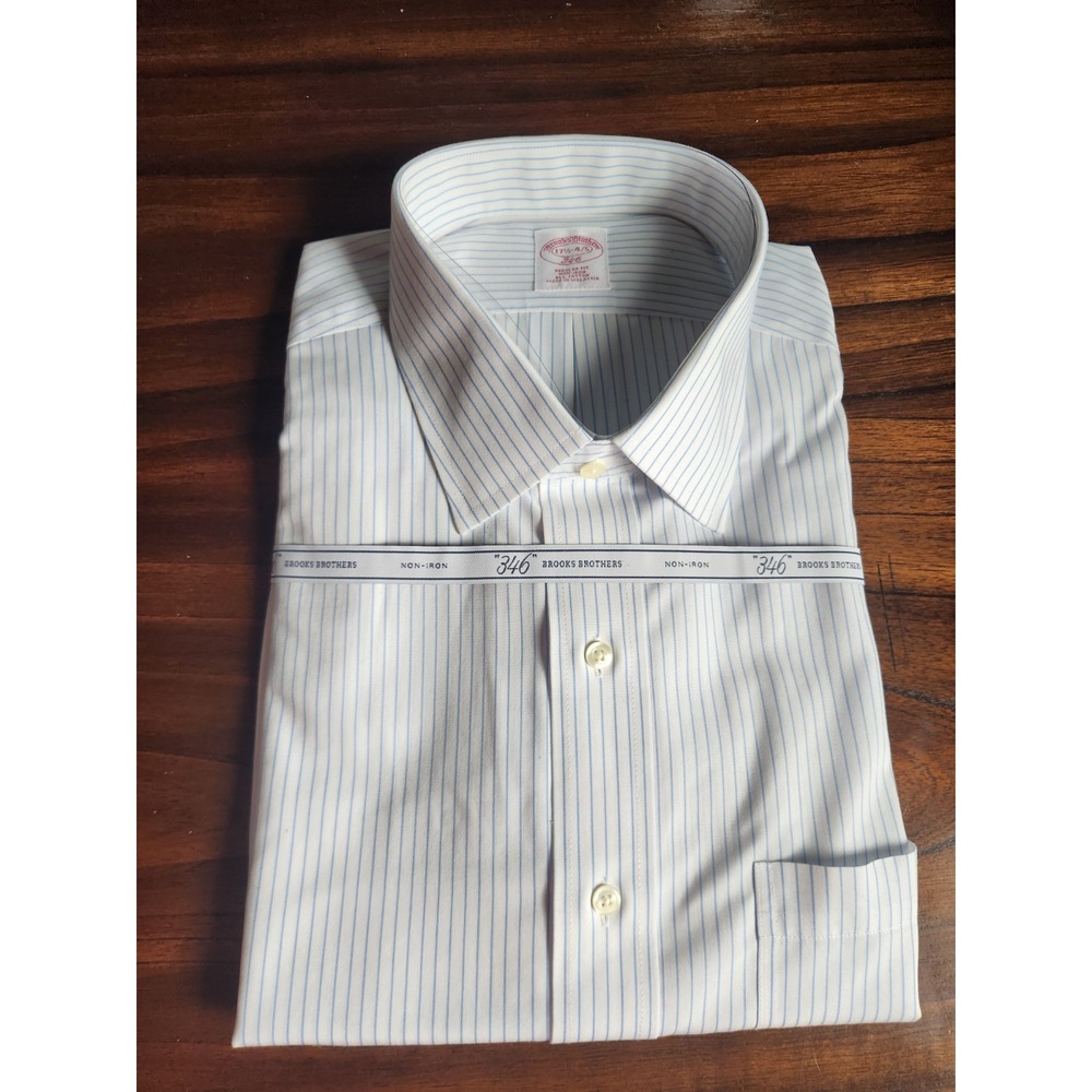 Brooks Brothers 346 Mens Non-Iron Dress Shirt 17.5 34/35 White w Blue Stripe NWT
